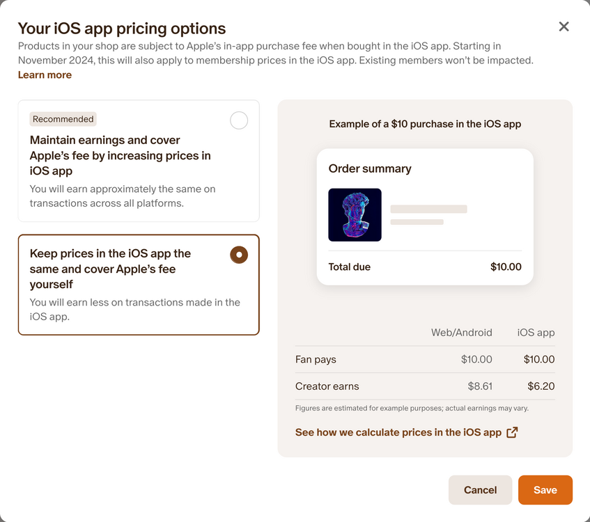 "Keep prices in the iOS app the same and cover Apple's fee yourself"