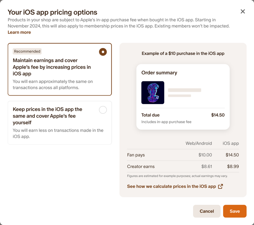 "Maintain earnings and cover Apple's fee by increasing prices in iOS app" (Recommended)