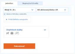 Screenshot of the checkout page of the railway company ZSSK. A passenger with the traits "Youth ages 16-25" and "ISIC Card activated by Slovakian school" has been added. There is an option to add other passengers and an option to proceed with the ticket purchase. The visual layout is more customer-friendly and legible in contrast to the previous image.